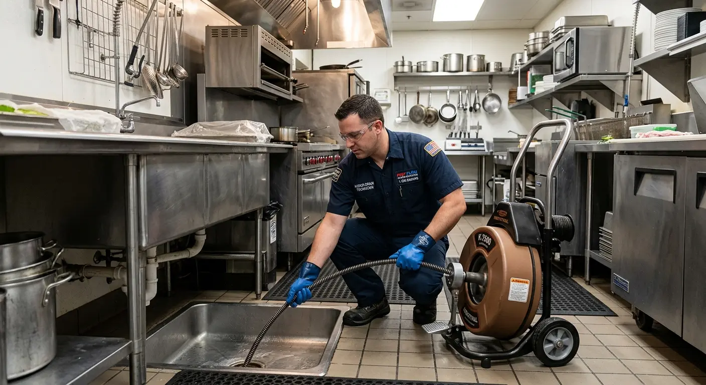Commercial drain cleaning service in a restaurant kitchen in McHenry