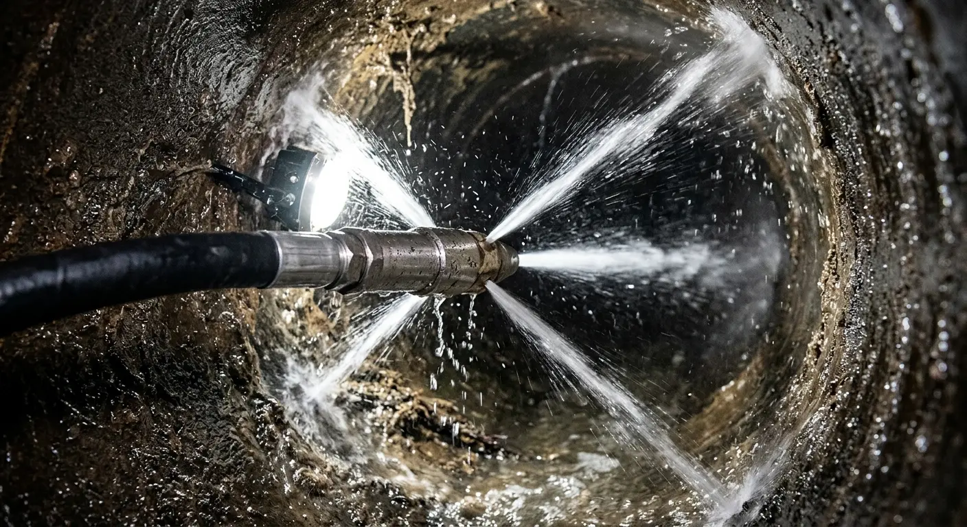 High-pressure hydro jetting nozzle cleaning sewer pipe for Sewer Cleanout in McHenry