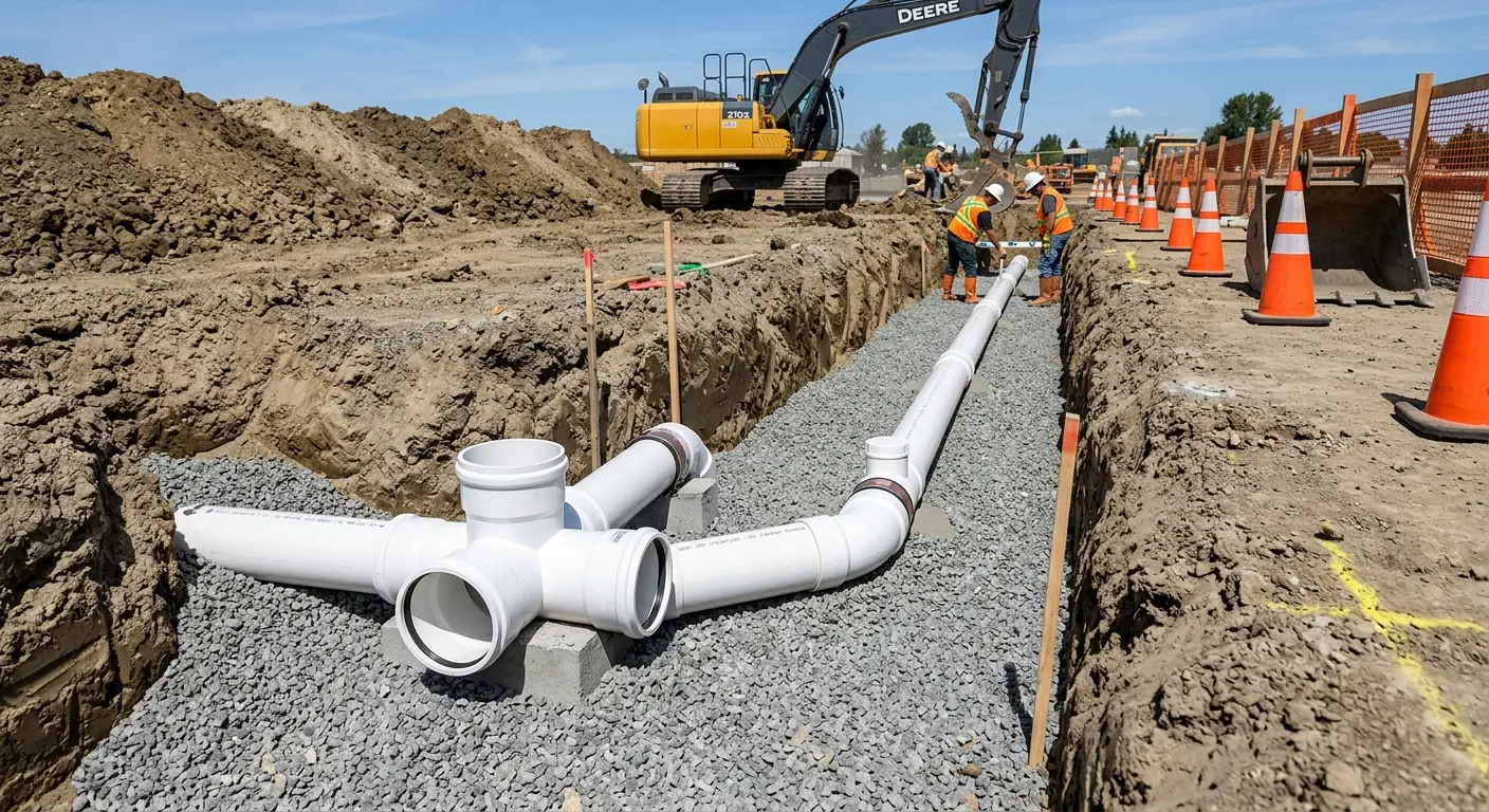 New PVC sewer pipe installation in open trench for Sewer Backup in McHenry