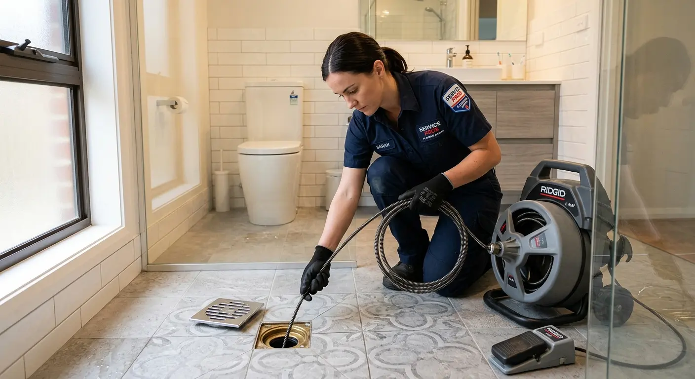 Technician clearing a bathroom floor drain for Hydro Jetting in McHenry